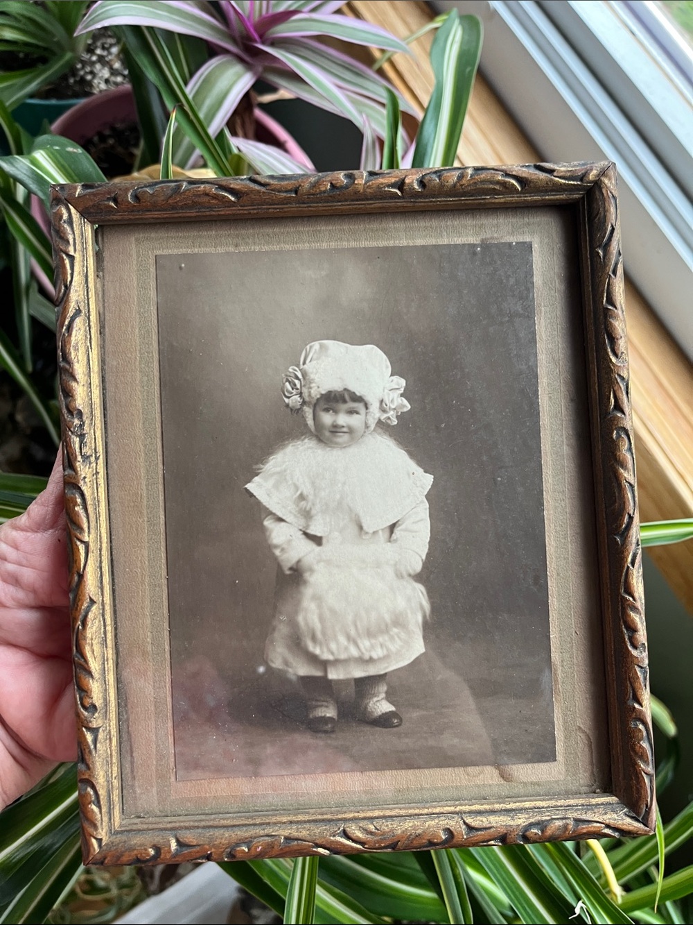 Antique Framed B&W Photo Little Girl In White Winter Coat & Puffy Hat 5.75x6.75